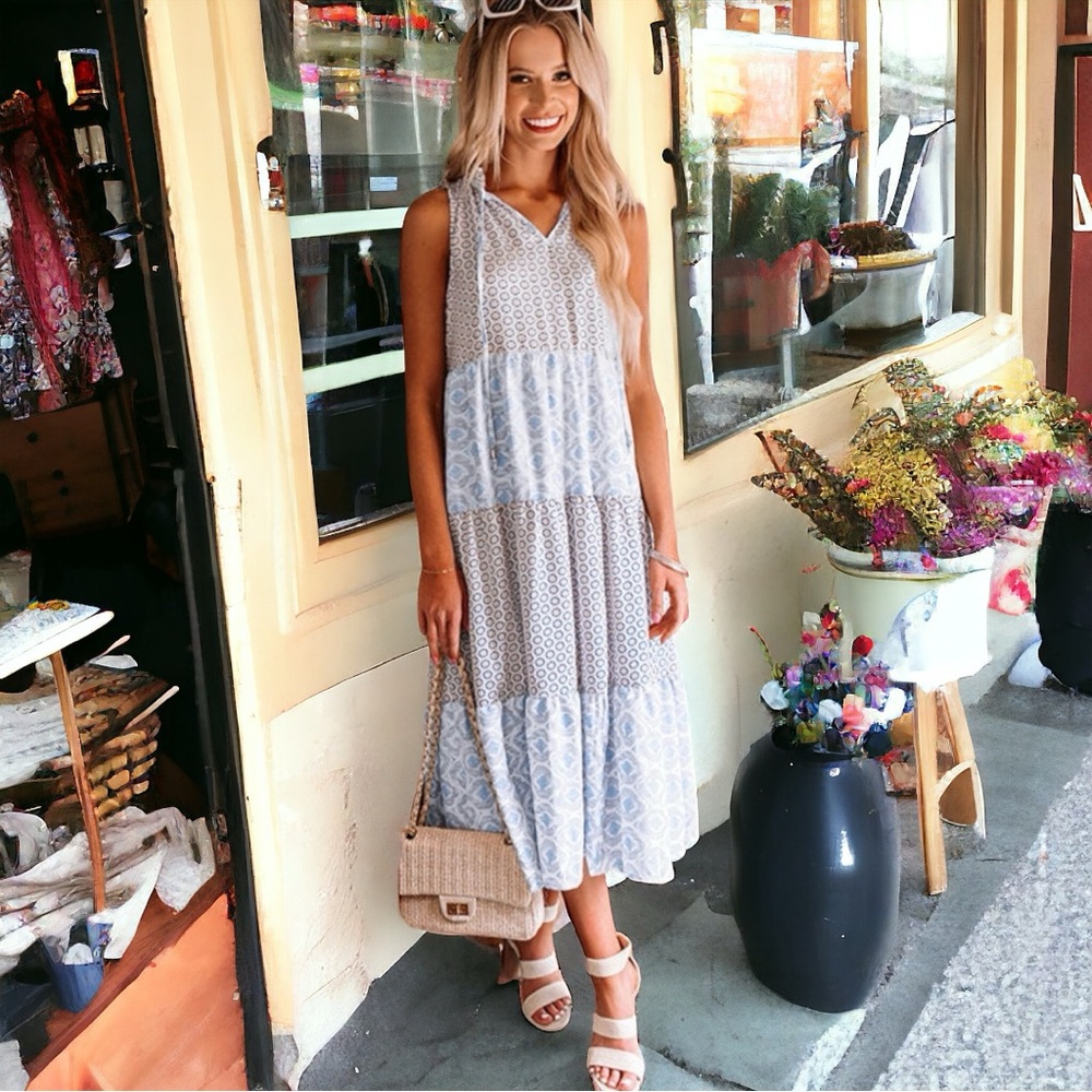 Blue Abstract Print Patchwork V-Neck Tiered Dress